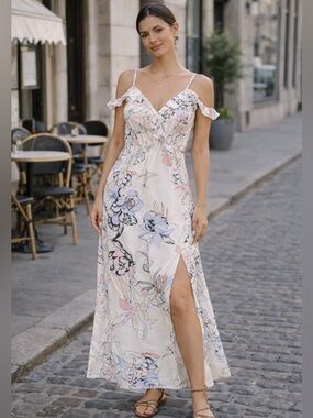 Lindex Floral Midi Dress Size XS Off-Shoulder Ruffle V-Neck Tie Back Summer